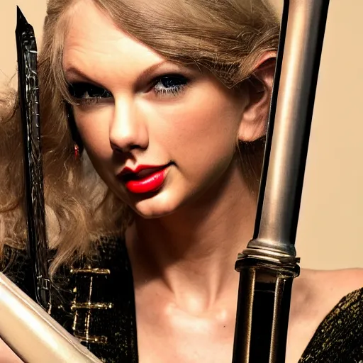 Image similar to taylor swift posing holding an elven sword, high quality studio photograph