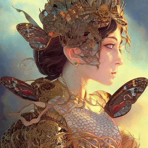 Prompt: hyperdetailed portrait of beautiful queen's moth armored girl. highly detailed portrait, digital painting, artstation hq, sharp foccus ilustration, artstation hq. intricate, elegant. wlop, artgerm, greg rutkowski, alphonse mucha, medium shot. dan mumford, tomokazu matsuyama, takato yamamoto