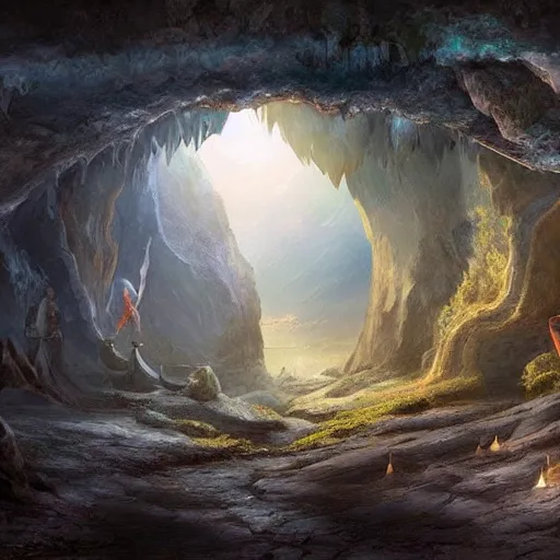 Image similar to beautiful matte painting of a fantasy cave entrance