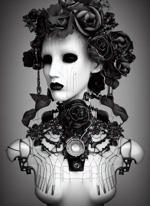 Image similar to black and white dreamy foggy poetic smoky profile face portrait, one silver steampunk realistic eye biomechanical beautiful angelic young female cyborg - robot bust, body ribs meshes,, volumetric light, hibiscus flowers, by cecile beaton, rim light, big gothic fashion pearl embroidered collar, 8 k