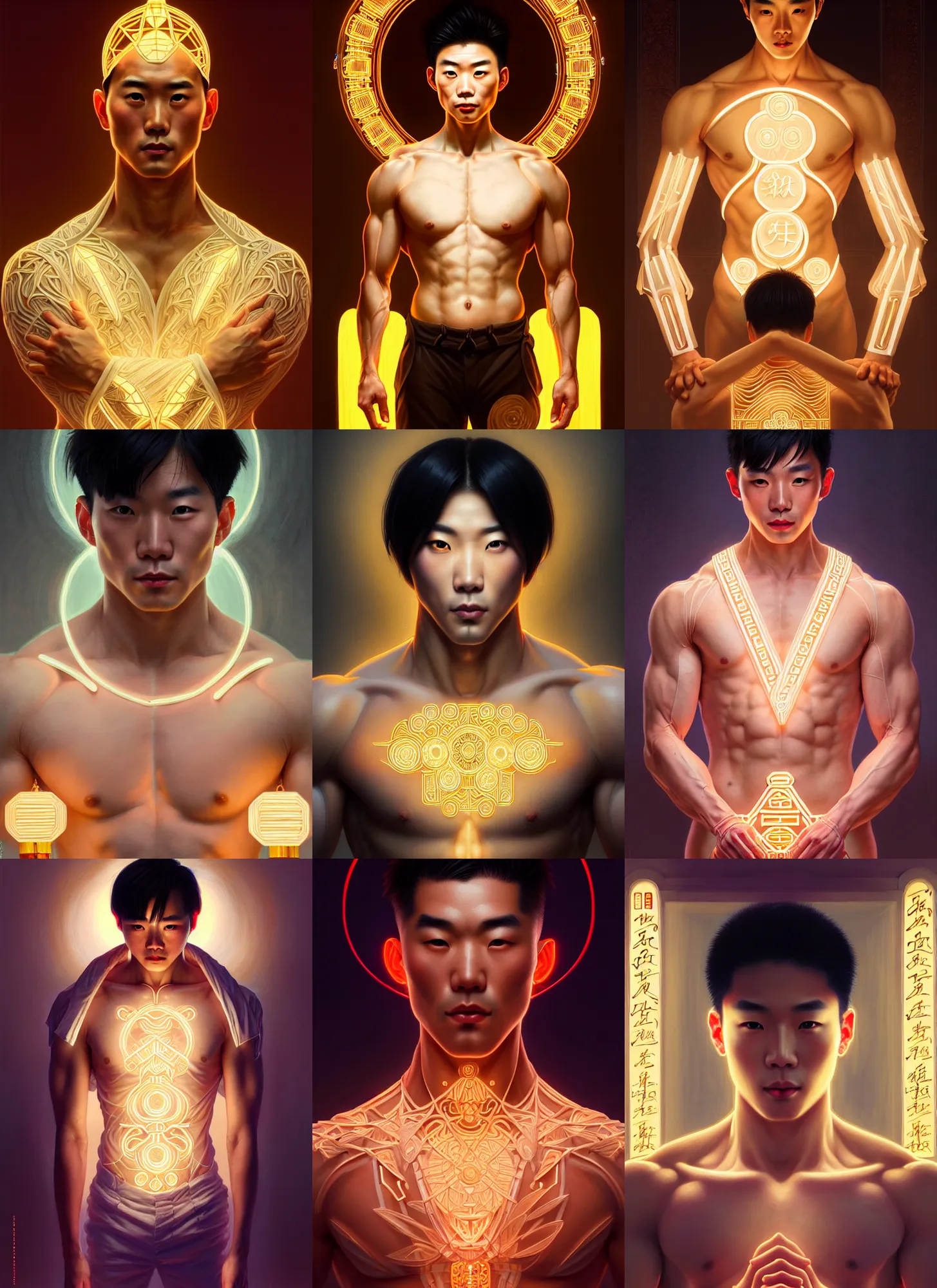 Prompt: symmetry!! portrait of a chinese attractive men, cottagecore!! fitness body, glowing lights!! intricate, elegant, highly detailed, digital painting, artstation, concept art, smooth, sharp focus, illustration, art by artgerm and greg rutkowski and alphonse mucha