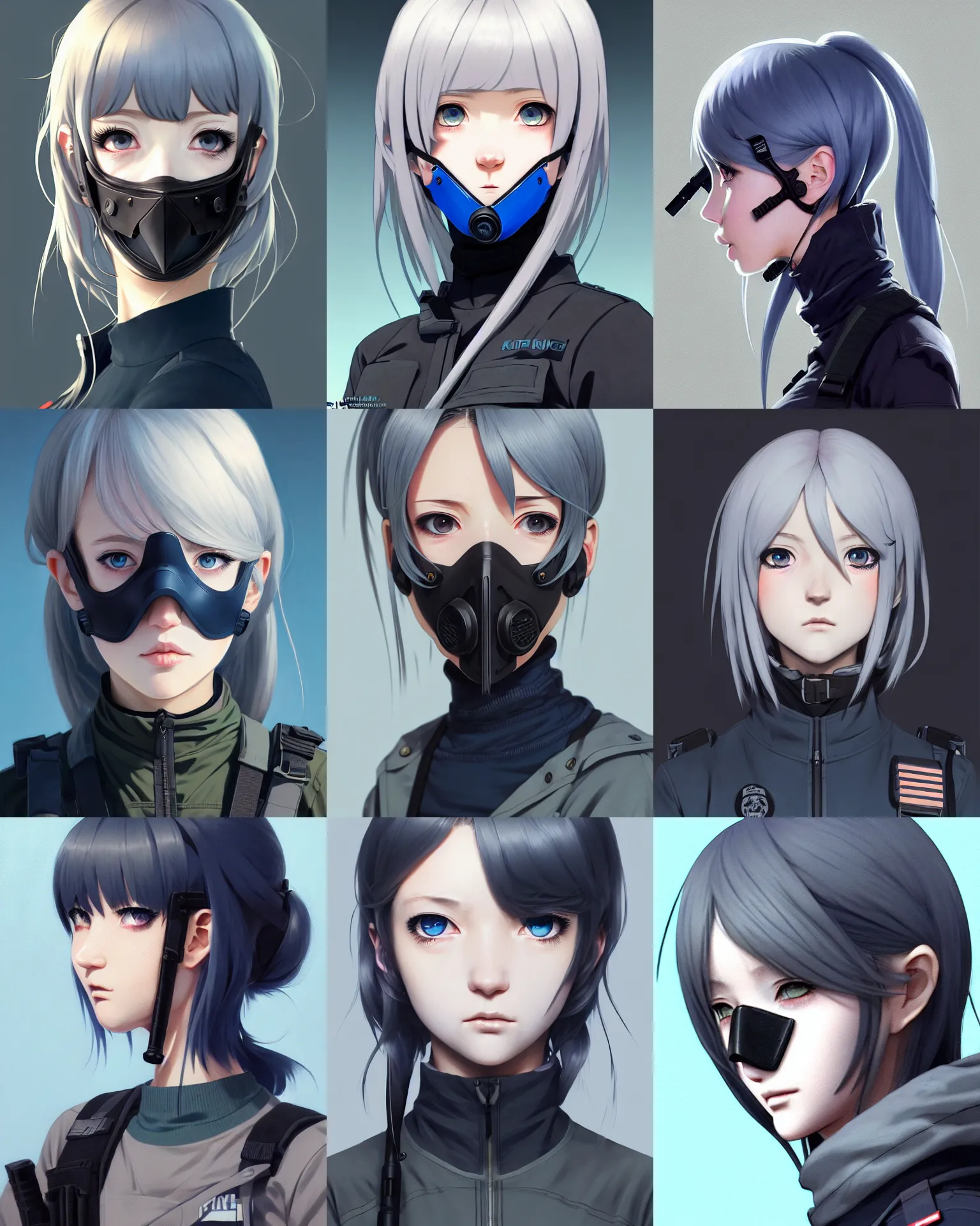 Prompt: profile of girl with tactical mask in tactical clothes, grey hair, blue eye. anime, symmetry face, fine details. girls frontline, realistic shaded lighting by ilya kuvshinov, kidmo, trending on artstation, magali villeneuve, artgerm, jeremy lipkin, caidychen, tomoyuki yamasaki, michael garmash, unreal engine