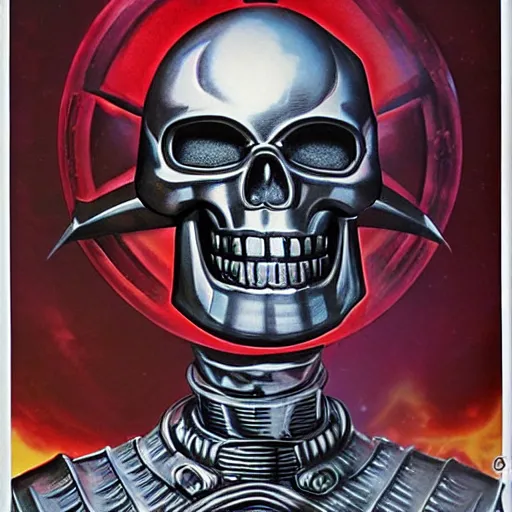 Image similar to high fantasy 1 9 8 0's wargame airbrushed artwork, a giant silver reflective chrome android wearing a mask shaped like an intricately carved beautiful human skull with a giant red pentagram on top and shiny glowing red demonic eyes, shiny black latex armor, inside a futuristic army base