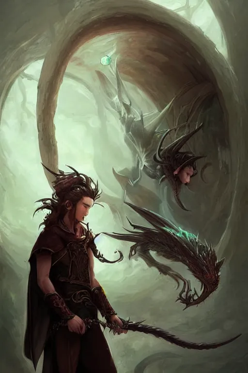 Prompt: portrait of elven teenage boy mage with long black hair holding dragon egg digital painting modern fantasy webtoon manhwa concept art by peter mohrbacher wlop
