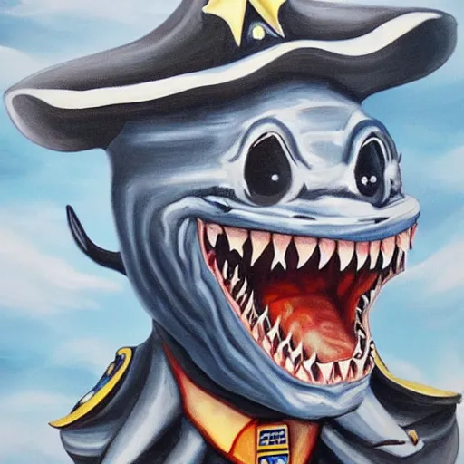 Image similar to detailed painting of a terrifying shark dressed as a police officer, nightmare, lapd