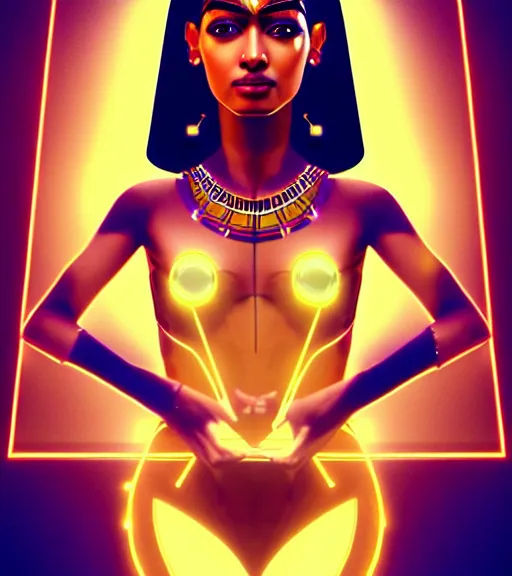 Image similar to symmetry!! egyptian goddess of technology, solid cube of light, hard edges, product render retro - futuristic poster scifi, lasers and neon circuits, brown skin beautiful egyptian goddess, intricate, elegant, highly detailed, digital painting, artstation, concept art, smooth, sharp focus, illustration, dreamlike, art by artgerm