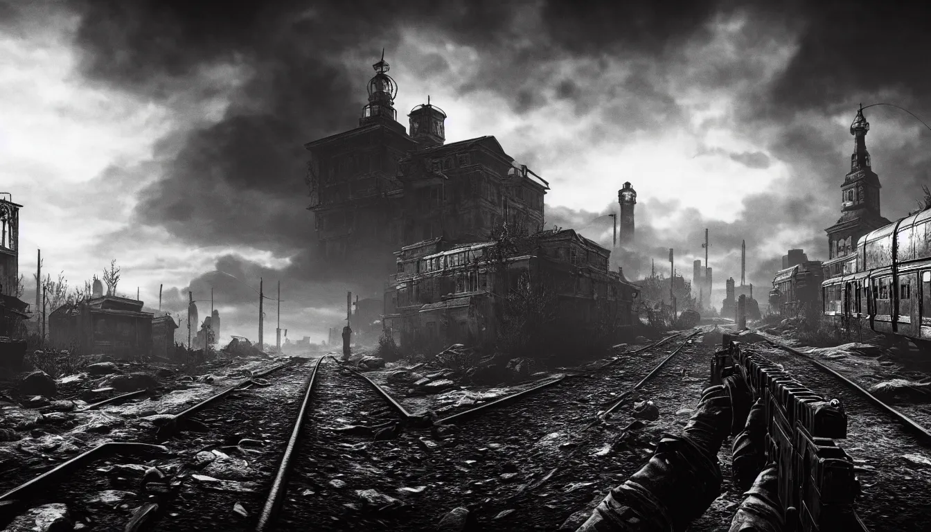 Image similar to metro exodus style, city in the horizon, dark, atmospheric, scary, claustrophobic, ambient vibe, very detailed, black and white, 4 k