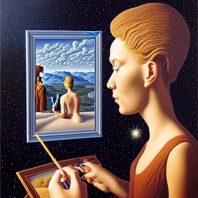 Prompt: an oil on canvas portrait of a man painting a portrait of a beautiful woman, surrealism, surrealist, cosmic horror, rob gonsalves, high detail