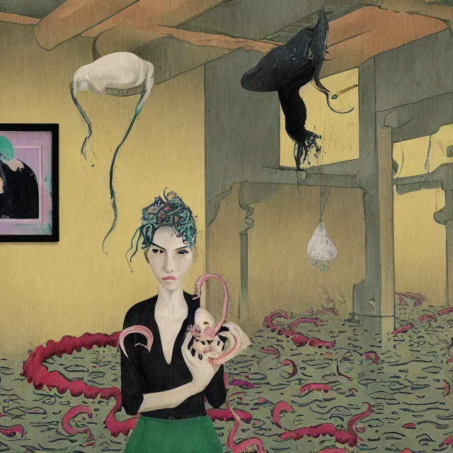 Image similar to tall female emo artist holding an octopus in a flooded cafe, bagels, pigs, water gushing from ceiling, painting of flood waters inside a cafe, a river flooding indoors, pomegranates, pigs, ikebana, water, octopus, river, rapids, waterfall, black swans, zen, canoe, berries, acrylic on canvas, surrealist, by magritte and monet