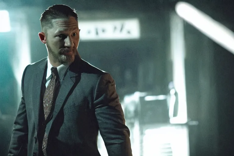 Image similar to film still of Tom Hardy as Max Payne in a nightclub with bright contrasting strobe lights in the Max Payne movie, 4k