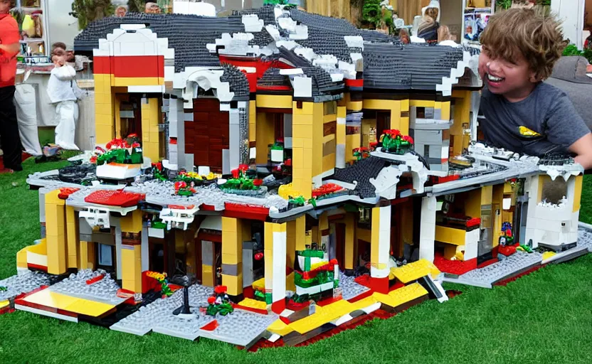 Image similar to a crashed broken full size villa made out of lego, pieces of lego laying on the lawn