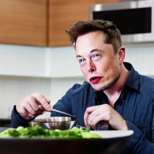 Image similar to picture of elon musk with blue eyes watching tv while cooking a meal, good lighted photo, sharp details, detailed, hd, hdr