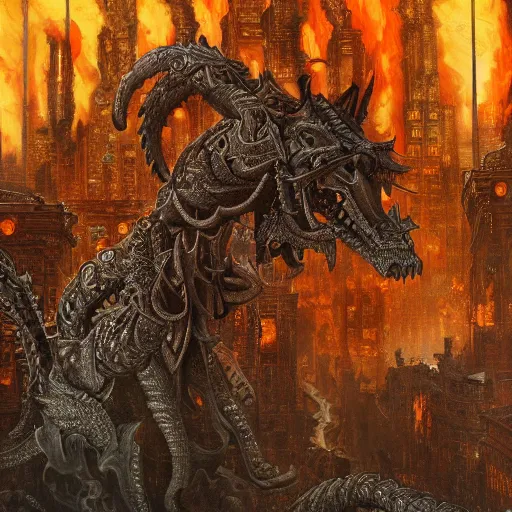 Image similar to gigantic quadruped creature walking through the center of a burning city with very tall buildings, extreme detail, abstract realism, highly ornate intricate details, 1 9 2 0's colored pencil, 4 k, cinematic lighting,