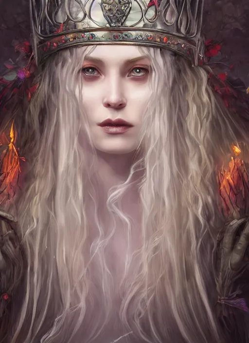 Image similar to pale, beautiful witch with long hair and a crown, fantasy, medieval, vivid colors, fantasy, elegant, concept art, sharp focus, beautiful face!!, digital art, Hyper-realistic, 4K, Unreal Engine, Highly Detailed, HD, Dramatic Lighting by Brom, trending on Artstation
