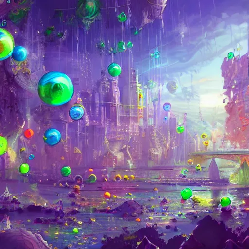 Image similar to a utopian city, filled with extremely colorful fauna, with bubbles floating around everywhere, dynamic lighting, fantasy concept art, trending on art station, stunning visuals, creative, cinematic, ultra detailed