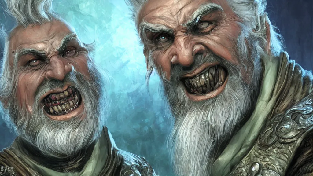 Prompt: bright, colorful, realistic, detailed from Elder Scrolls: Shivering isles concept art of The Mad God Sheogorath with a madsmile, combed white short beard and slicked back white hair backlighting, kodachrome, high contrast, highly detailed, sharp focus, digital painting, concept art, illustration, trending on artstation, comic book by Alex Ross and Adam Adamowicz cover art