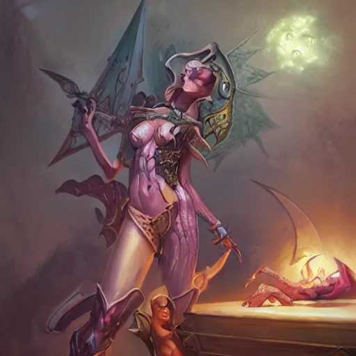 Image similar to alluring adherent to slaanesh, magic the gathering art, in the style of peter mohrbacher and keith thompson