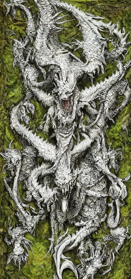 Prompt: white dragon skeleton covered in moss and flowers, intricate details, hyperrealistic, HR Giger