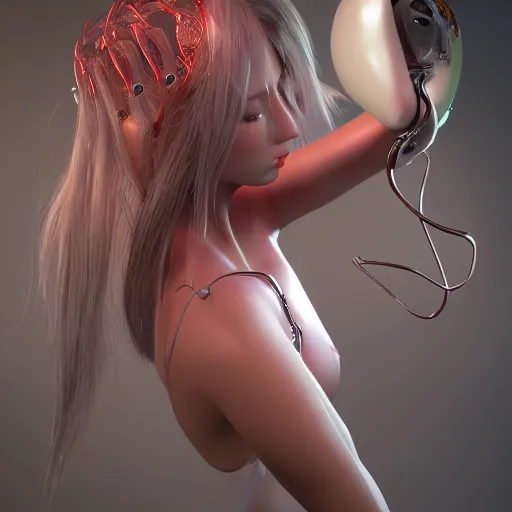 Image similar to caress of the sweet flirty gynoid offering herself, octane, cgi, highly detailed, photorealistic,