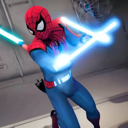 Image similar to spider - man fighting with a blue lightsaber, photorealistic, unreal engine