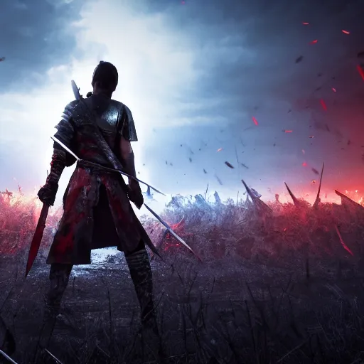 Image similar to the last swordsman stands alone with many corpses behind him on the bloody and destroyed battlefield, beautiful texture, beautiful graphics, fantasy artwork, very deadly scenery, hd, hdr, ue 5, ue 6, unreal engine 5, cinematic 4 k wallpaper, 8 k, ultra detailed