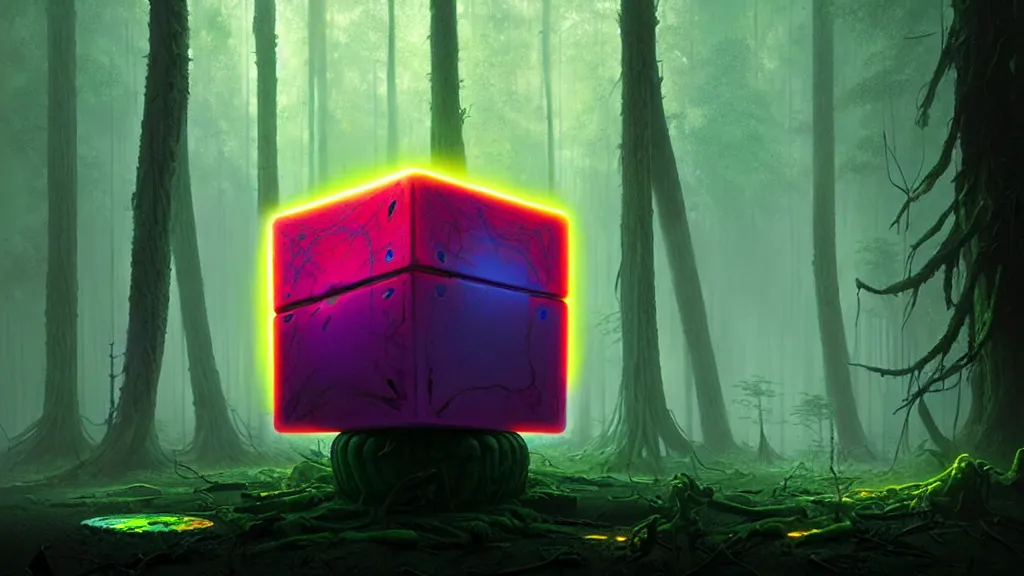 Prompt: a huge indeterminate color alien cube with a strange texture from nanotechnology, with neon color from its depths, forgotten and lost in the forest, detailed digital art by greg rutkowski.