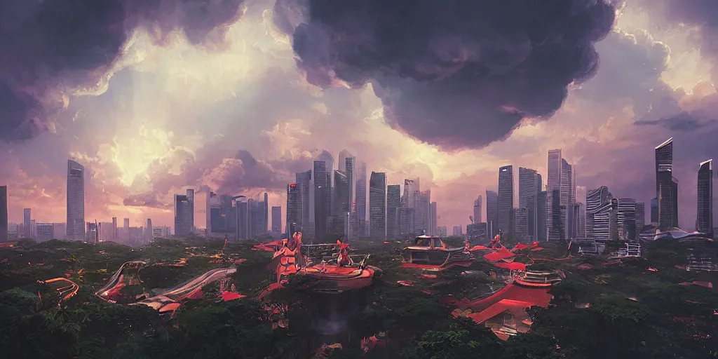 Prompt: Singapore city with a (lion-shaped cloud) in the sky, by greg rutkowski, red and white lighting, digital art, ultra realistic, ultra detailed, photorealistic, 4k, character concept