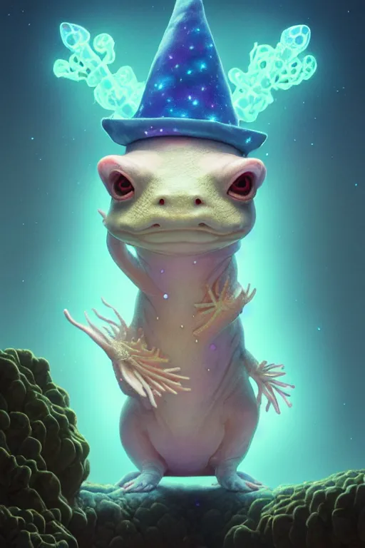 Image similar to Bioluminescent, portrait of axolotl wearing wizard hat, very intricate , trending on artstation , very elegant, in the golden hour by Daniel Merriam, Trending on Artstation, oil on Canvas by Elena Zhurikhina and Goro Fujita and Charlie Bowater, octane render, 4k, 8k, HD