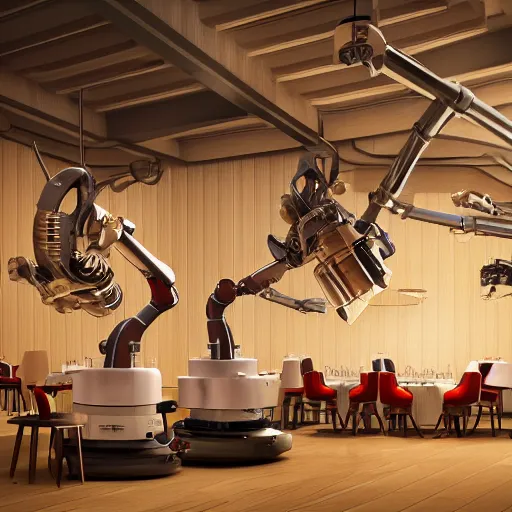 Prompt: three large kuka industrial robot arms on the floor around a dinner table, they are having dinner inside a fine dining restaurant with mid century modern furniture and decor, global illumination, artstation, fantasy