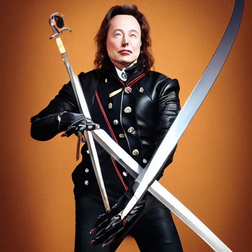 Image similar to photo of elon musk as a musketeer, he has a big black hat with a red feather, he is holding a shiny rapier sword and he is looking straight to the camera, brown background, studio lighting, 4 k, 8 k