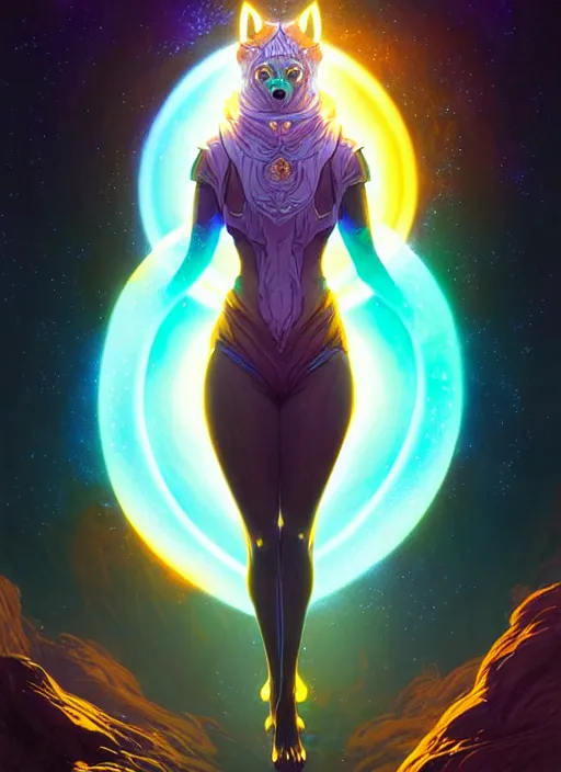 Prompt: a wolf faceless glowing liquefied stardust adventurer, dnd fantasy character, full body portrait, glowing neon skin, magical aura, ultra realistic, intricate, elegant, highly detailed, digital painting, artstation, smooth, sharp, focus, illustration, art by artgerm and greg rutkowski and alphonse mucha and dan mumford, sacred geometry