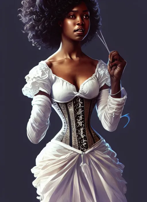 Image similar to cute black woman wearing a white corset dress, fantasy, intricate, highly detailed, digital painting, artstation, concept art, wallpaper, smooth, sharp focus, illustration, art by artgerm and greg rutkowski and alphonse mucha