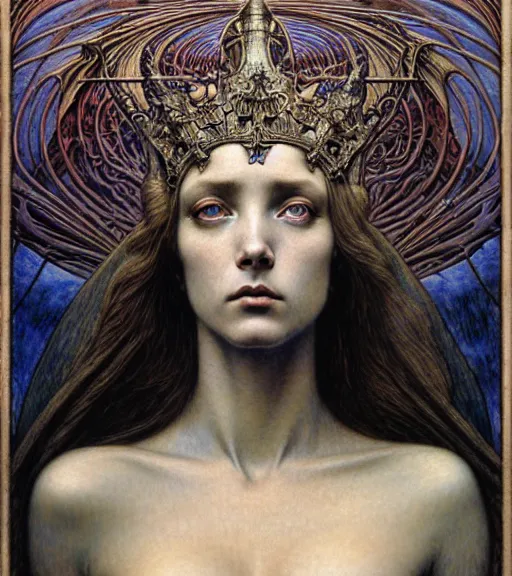 Prompt: detailed realistic beautiful young medieval queen of mars face portrait by jean delville, gustave dore and marco mazzoni, art nouveau, symbolist, visionary, gothic, pre - raphaelite. horizontal symmetry by zdzisław beksinski, iris van herpen, raymond swanland and alphonse mucha. highly detailed, hyper - real, beautiful