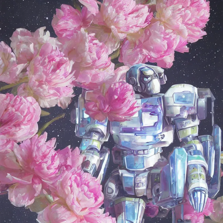 Image similar to A beautiful oil painting hyperrealism of armored mecha cyber drinks a magical bubble tea in a constellation of peonies, digital art