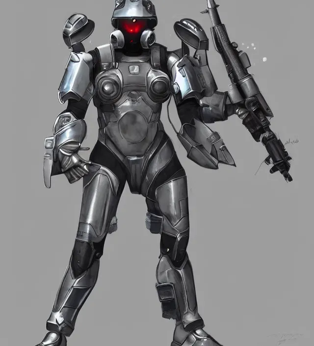 Image similar to a 3 / 4 view of a soldier wearing powered armor in the style of fallout power - armor and bubblegum crisis powersuit trending on artstation deviantart pinterest hyper detailed photorealistic hd 8 k post - processing high resolution