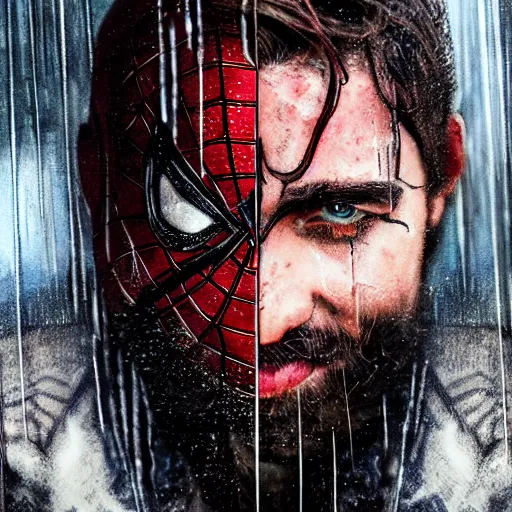 Image similar to gladiator, spiderman with beard, wet, raining, close up, rim lighting, portrait, sinister atmospheric lighting. highly detailed painting, anime style