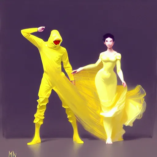 Prompt: a man in a yellow hazmat suit and a voluminous woman in a yellow organza dress both dancing, intricate, elegant, digital painting, concept art, smooth, sharp focus, illustration, from metal gear, by ruan jia and mandy jurgens and william - adolphe bouguereau, artgerm