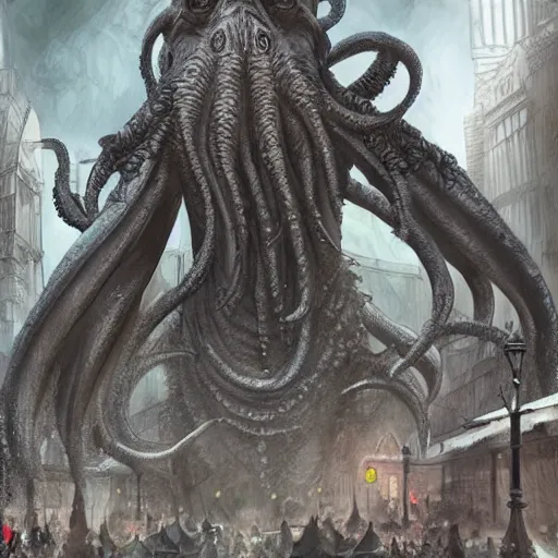 Image similar to high quality concept art of many huge statues of cthulhu in downtown, crowded people, dark fantasy, highly detailed, cinematic lighting