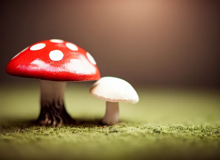 Image similar to a a cute creature sitting next to a mushroom, realistic, very detailed, complex, intricate, studio lighting, superres sharpening, bokeh, sigma 5 0 mm f 1. 4