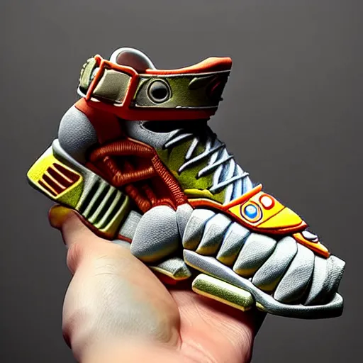 Image similar to realistic scultpure of sneaker! design, sneaker design overwatch fantasy style mixed with aztec mayan native street fashion, focus on sneakers only, shoes designed by akira toriyama and studio ghibli