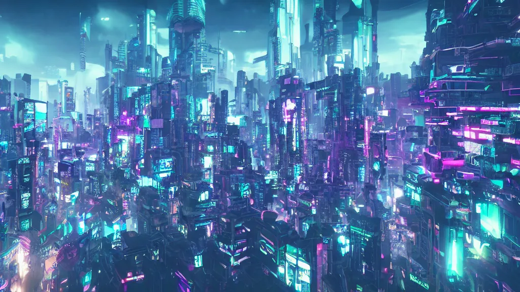 Image similar to cyberpunk city built in the sky, atop clouds, fluorescent led, made in blender, octane render, cinematic, volumetric lighting, futuristic,, hyperrealistic, highly detailed, colourful 4 k hd