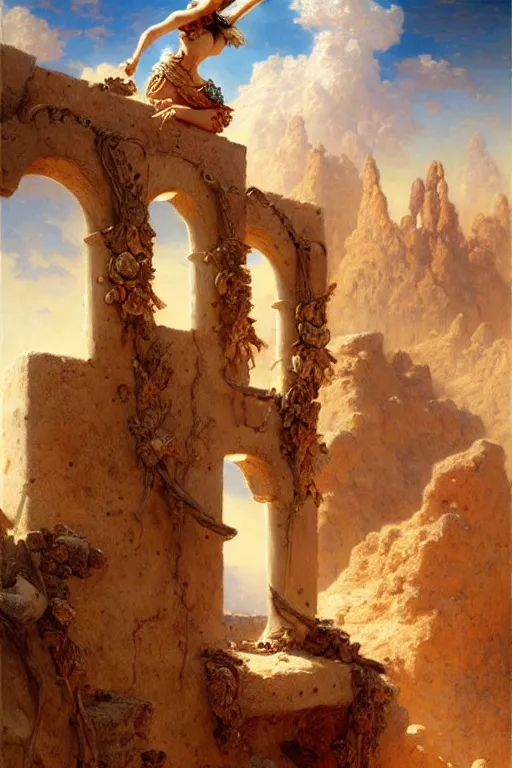 Image similar to a fantasy desert landscape, ruins, bones, rocks, arid ecosystem, digital illustration by gaston bussiere and leyendecker and artgerm, intricate details, surreal, photorealistic, award winning