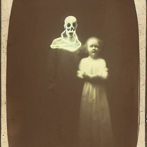 Image similar to spirit photography with glowing bulbous ectoplasm, scary shadow people, couple mourning, sleep paralysis demon, plasma lightning bolts, 1 9 0 0 s, slimer, summoning tall horned demon, mourning family, invoke fear and dread, old photograph, daguerreotype