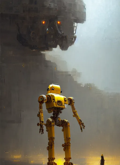 Image similar to human-sized strong intricate yellow pit droid, pancake short large head, cables, painterly humanoid mecha, by Greg Rutkowski