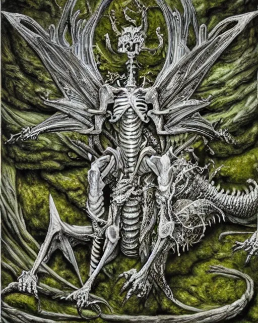 Image similar to white dragon skeleton covered in moss and flowers, intricate details, hyperrealistic, hr giger