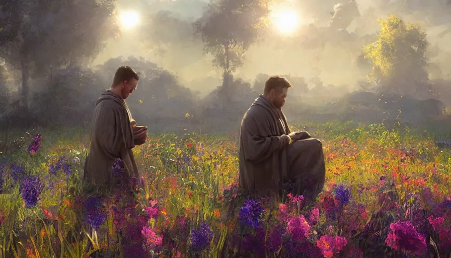 Prompt: craig mullins a man in robes kneels and prays in a field of flowers, the sun's holy light shines down upon him, colorful, solarpunk, unreal engine, hyper realism, realistic shading, cinematic composition, realistic render, octane render, detailed textures, photorealistic, wide shot