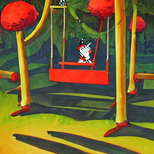 Prompt: painting of a swing set by dr seuss | horror themed | creepy