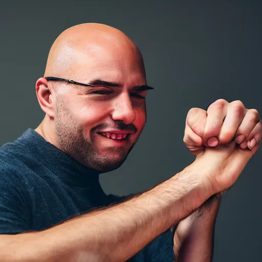 Image similar to a man with a bald head is holding his hand up to his mouth