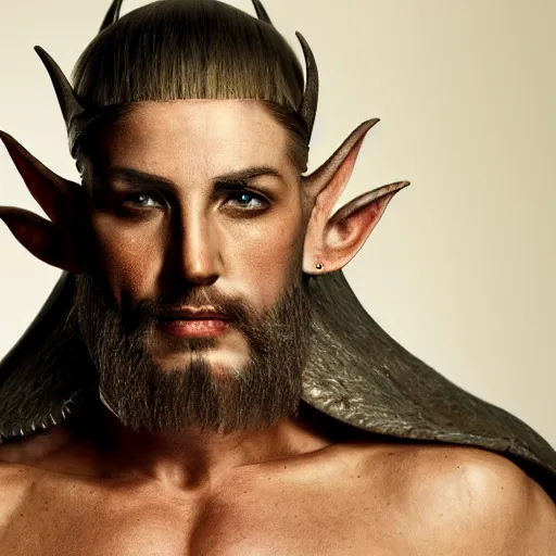 Image similar to 8K Photography from a Male muscled short haired Elven King , goatee, by Jimmy Nelson