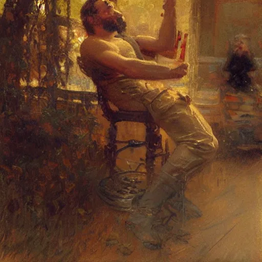 Image similar to a man with a blowout haircut, painting by Gaston Bussiere, Craig Mullins